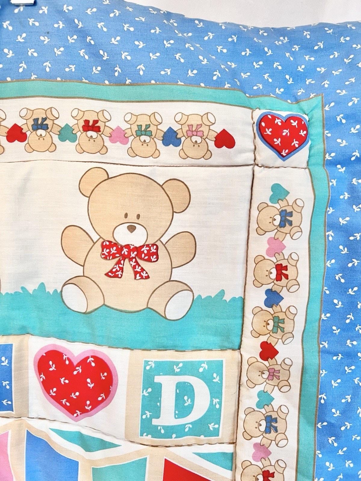 Vintage 80s 90s Baby Blanket Quilt Teddy Bear Abcs Alphabet Hearts