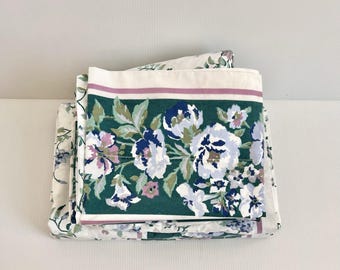 Vintage Martex Queen Sheet Set FLORAL Green Purple Flat Fitted Pillow Cases 4Pc