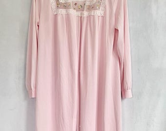 Vtg JC Penney Nightgown Robe Peignoir Set MEDIUM Pink Embroidered Flowers Lace
