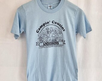 Vintage “Campin Cousins” Andersons Retro Blue T-Shirt Tee Women Small 70s 80s