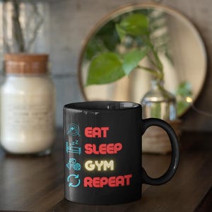 Czarny kubek (11 uncji, 15 uncji) „Jedz-Spij-SIŁOWNIA-Powtarzaj” Fitness Motywacja mięśni Hardcore Trening Sportowy SIŁOWNIA