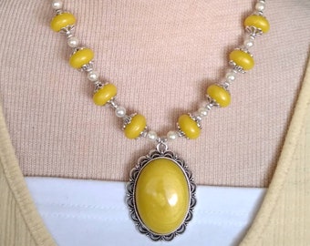 Honey Yellow Resin Beaded Necklace- 18 3/4 inches