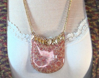 Flowery Fabric Decoupage Necklace- gold chain, 23 1/4 inches