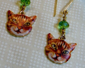 Orange Tabby Cat Face Earrings with gold and green glass beads, 2 1/4 inches or 6 cm