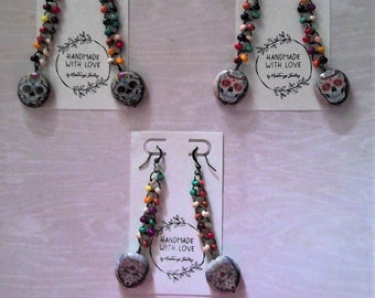 Earrings for Day of the Dead, or Cinco de Mayo, sugar skulls and wolf face, 3 inches-3 pairs, choose your own