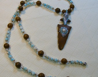 Turquoise Dreams-necklace, glass, silver and wood beads, arrowhead pendant, 28 inches or 71 cm