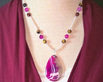 Magenta Agate Necklace, with pearls and tiger's eye, 19 inches