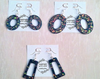 Dark Blue Resin and Glitter Earrings No. 2- 3 pairs, ovals and rectangles, choose your own