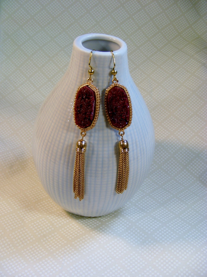 Golden Tasseled Druzy Earrings in Dark Pink 3.5 inches or 9 cm image 1