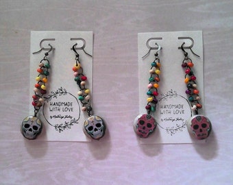 Earrings  for Day of the Dead, or Cinco de Mayo, sugar skull decoupage with multicolored beads, 3 inches-2 pairs, choose your own