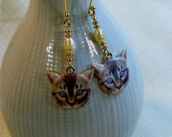 Soft Brown Tabby Cat Earrings in gold with pearls, 2 1/4 inches