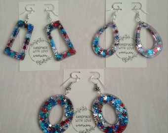 Three pairs of resin earrings, patriotic, choose your own pair style, ovals rectangles or teardrops