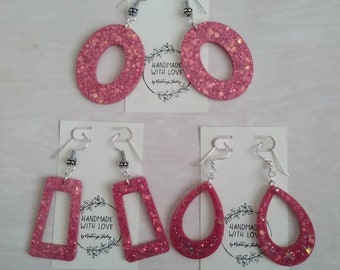 Dark Rose Pink Resin Glitter Earrings- 3 pairs, Oval, Teardrop, and Rectangular- choose your own