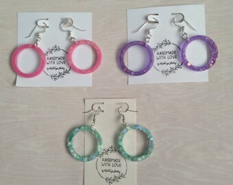 Purple Pink and Seafoam, 3 pairs of Resin Ring Earrings, 2.5 inches choose your own