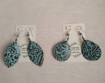 2 pairs- teal and brown embossed leather earrings, teardrop or leaf shaped, choose your own