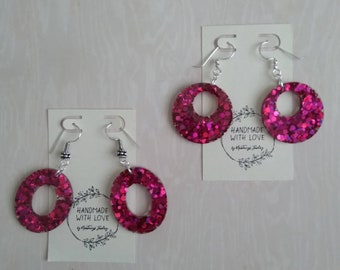 Magenta Glitter/resin Earrings-choose your own pair, Oval and Circle