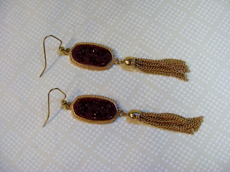 Golden Tasseled Druzy Earrings in Dark Pink 3.5 inches or 9 cm image 4