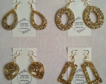 Gold Nugget Earrings in Resin- 4 pairs, alien, ovals, teardrop and rectangular, choose your own