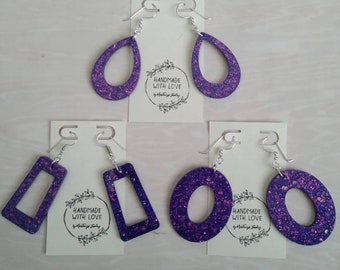 Purple Rain- Resin Earrings, 3 Individual Pairs: choose your own, Oval, Teardrop, and Rectangular Shapes