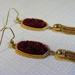 Golden Tasseled Druzy Earrings in Dark Pink 3.5 inches or 9 cm image 2