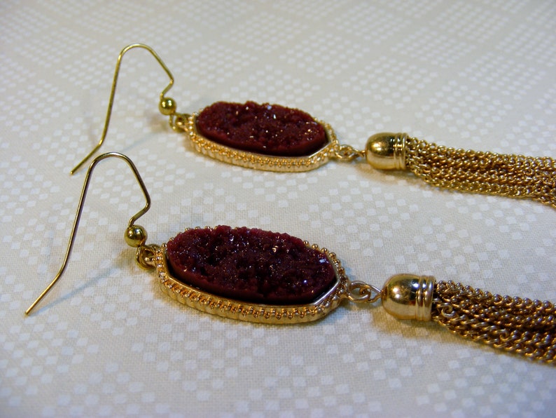 Golden Tasseled Druzy Earrings in Dark Pink 3.5 inches or 9 cm image 2