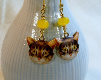 Brown Tabby Cat Earrings with yellow glass beads,  2 1/4 inches