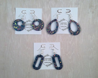 Dark Blue Resin and Glitter Earrings-3 pairs, Teardrop, Circle and Oval, choose your own