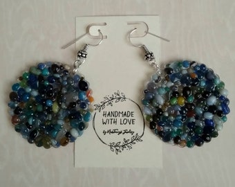 Blue Pebble Resin Earrings- 3" long x 2" wide, silver