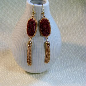 Golden Tasseled Druzy Earrings in Dark Pink 3.5 inches or 9 cm image 3