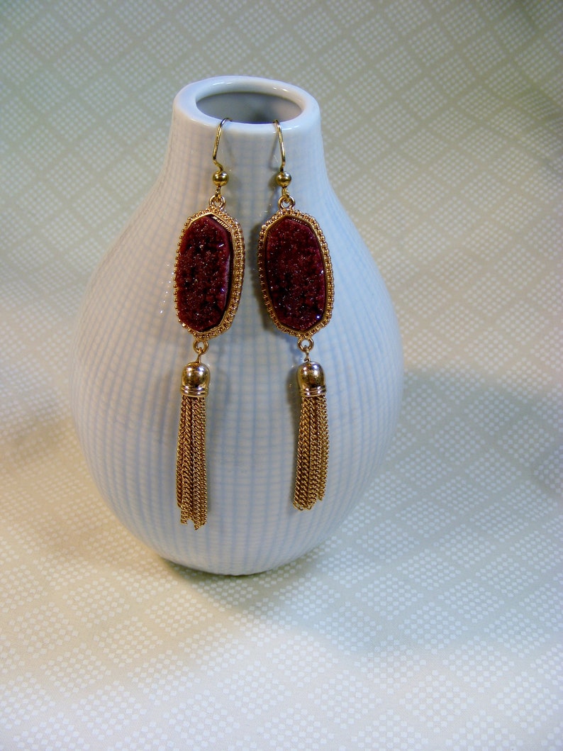 Golden Tasseled Druzy Earrings in Dark Pink 3.5 inches or 9 cm image 3