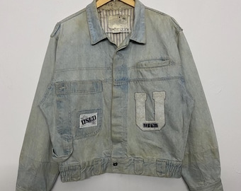 Seltene Vintage 80er Jahre Japanischer Stil Denim Trucker Jacke - Distressed Faded Boxy Fit M