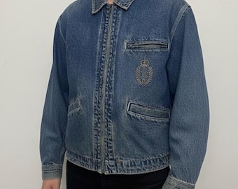 Chaqueta bomber vaquera vintage EDWIN con efecto desteñido: logotipo bordado, estilo Harrington.