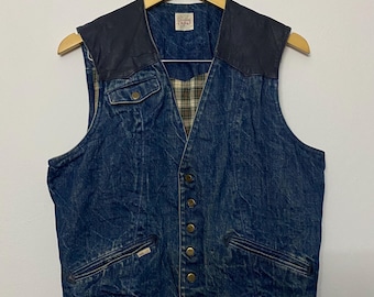Vintage Papas Maniere De Hemingway Jeans Weste: Leder Passe, karierte gefütterte Weste