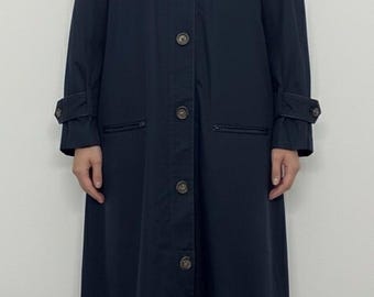 Vintage Celine Paris Mac Coat Marinblå Monogram Foder Trenchcoat Storlek M