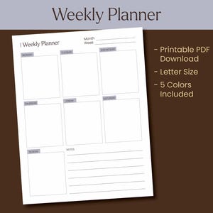 May include: A white weekly planner with a brown background. The planner includes sections for each day of the week, with the days of the week labeled in gray boxes. The text "Weekly Planner" is at the top. The planner is a printable PDF download in letter size and includes 5 colors.