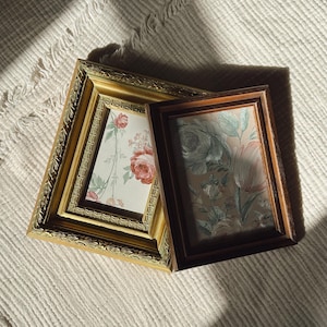 May include: Two decorative picture frames. One is gold with ornate detailing and a floral print featuring red roses. The other is a dark brown frame with a floral print in muted tones of pink, green, and blue.