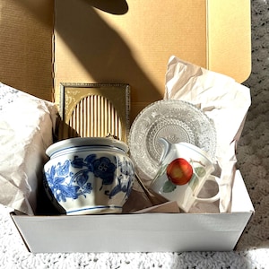 May include: A gift box containing a blue and white floral ceramic pot, a small gold picture frame, a clear glass plate, and a white teacup with a red apple design. The items are nestled in white packing paper.
