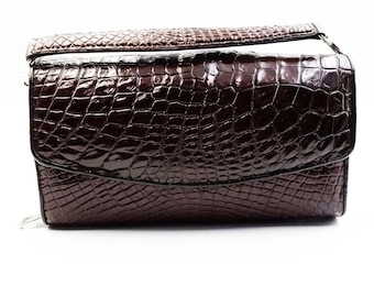 New Real Brown Alligator Leather Skin Women Tri-fold Handbag Wallet Purse.