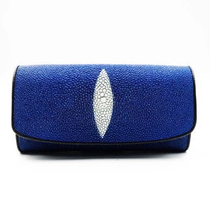 Nuevo bolso de mano para mujer de piel auténtica de raya azul marino, estilo billetera triple, hecho a mano.