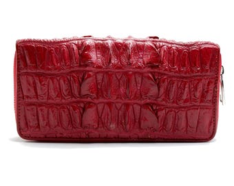 New Real Burgundy Red Alligator Leather Back Tail Skin Women's Zipper Clutch Wallet Purse.