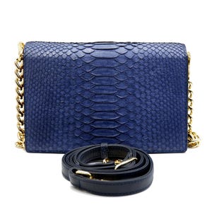 New Blue Genuine Python Snake Leather Belly Skin Clutch Women Chain Strap Handbag.
