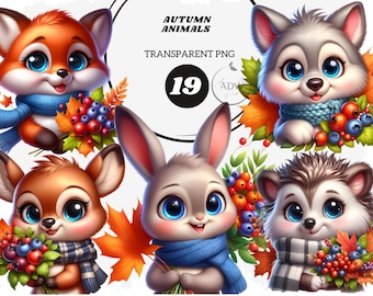 Watercolor Autumn Woodland Animals Clipart: Fall Nursery Decor (PNG Digital Download