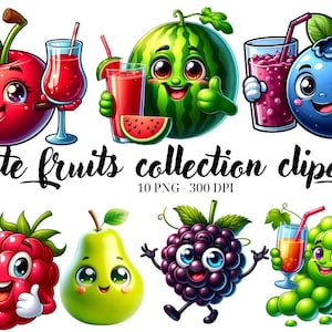 Cute Fruits Clipart, Summer Fruits Clipart, Cute Fruit PNG, Transparent PNG, Cute Food, Kawaii Fruit Clipart, Watercolor Cute Fruits Clipart