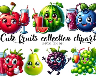 Kawaii Früchte Clipart, Essen PNG Grafiken (digitaler Download)