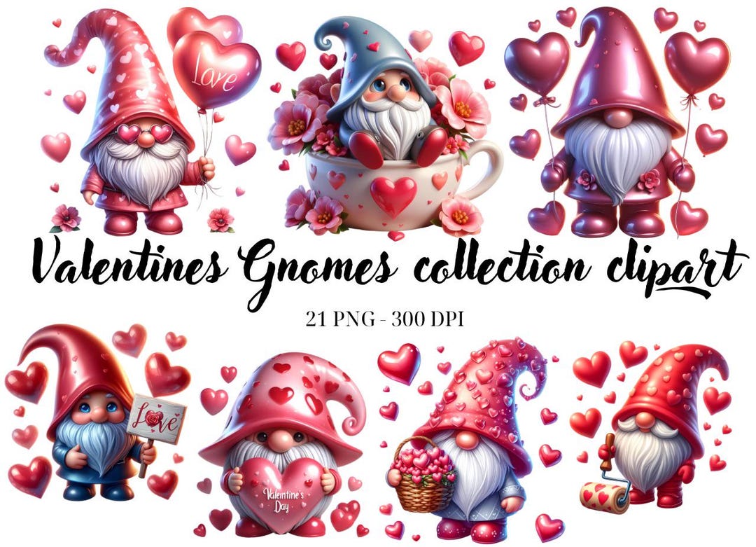 Watercolor Valentines Gnomes Clipart, 21 PNG Festive Gnomes Clipart ...