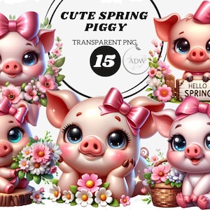 Cute spring pigs, baby watercolor animal images, piggy PNG, cartoon piggy,digital graphics for download, 15 pig file designs in digital art