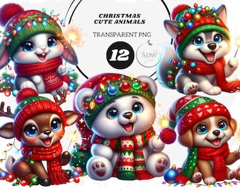 May include: A digital illustration showcasing six cute Christmas animals, including a bunny, husky, deer, polar bear, and puppy. Each animal is adorned with a festive hat and scarf, holding a sparkler. The image includes the text "Christmas Cute Animals".