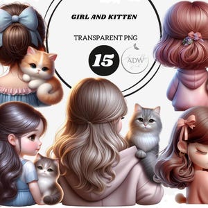 Girl and Kitten Clipart | Girl png| Watercolor Cat and Girl Illustration | Cute Animal Friends PNG | Child and Pet Art | Sublimation Design