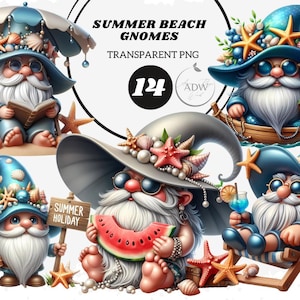 Watercolor Summer Beach Gnomes Clipart: 14 PNG Files (Commercial Use)