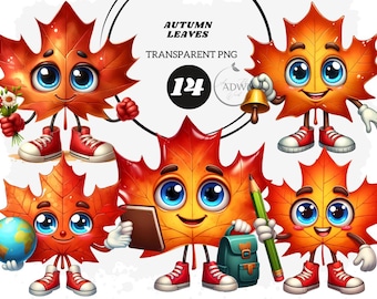 Cartoon Autumn Leaves Clipart, School PNG Illustration (Digital Download)